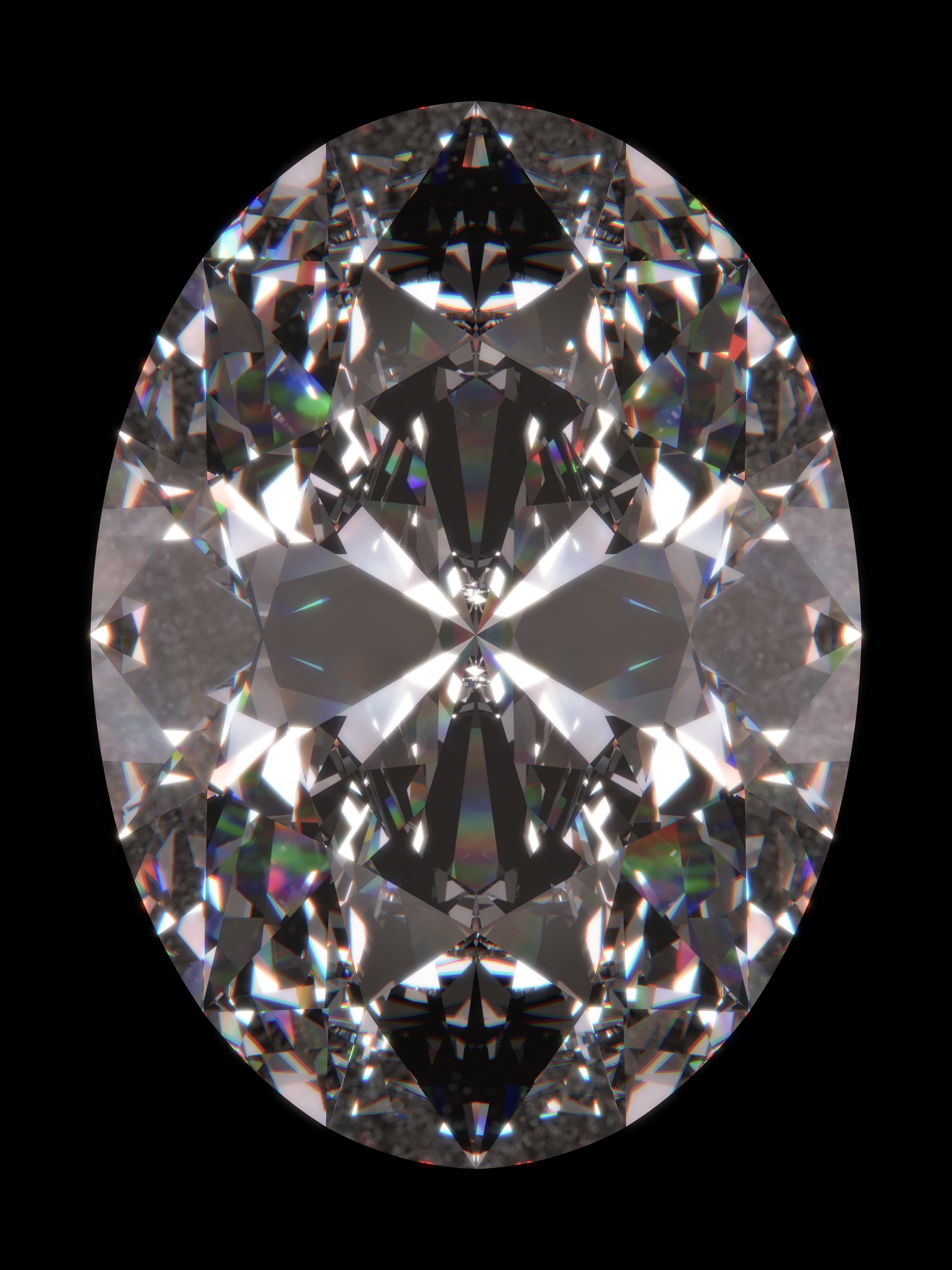 A single oval diamond viewed from above showing elongated brilliant facets