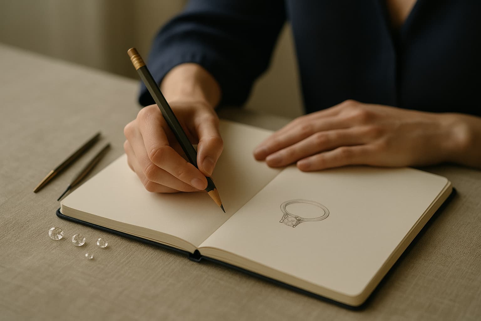 A designer sketching a custom engagement ring design in pencil in a sketchbook, loose diamonds resting nearby