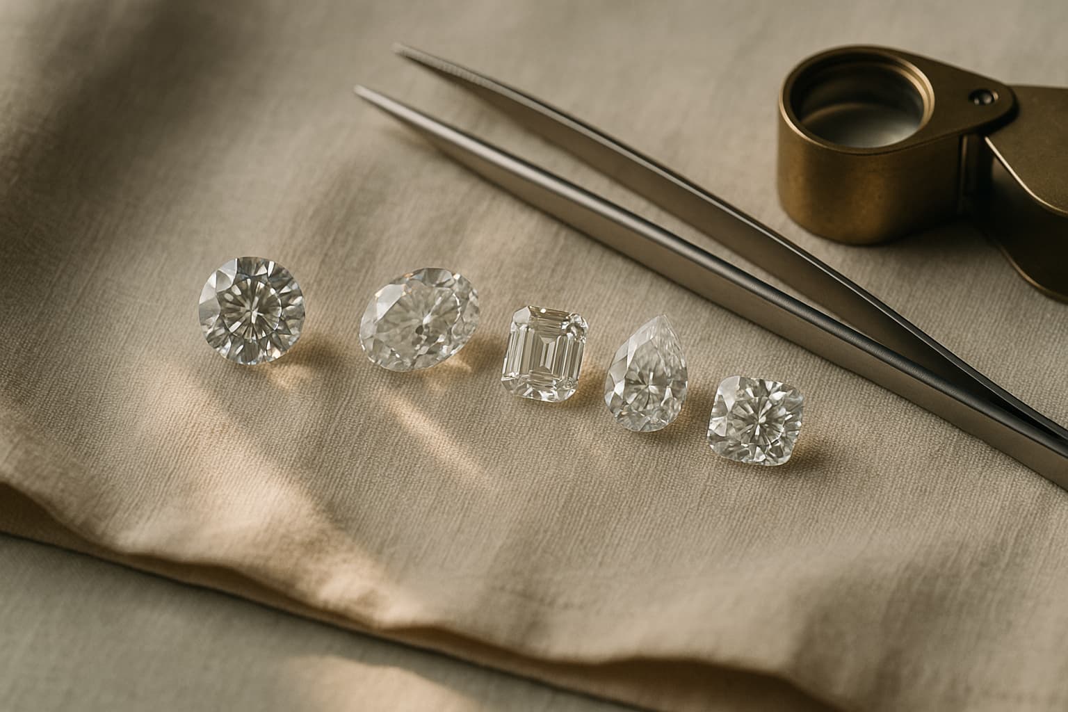 Loose diamonds in round, oval, emerald, pear and cushion cuts arranged on linen beside jeweller's tweezers and a brass loupe
