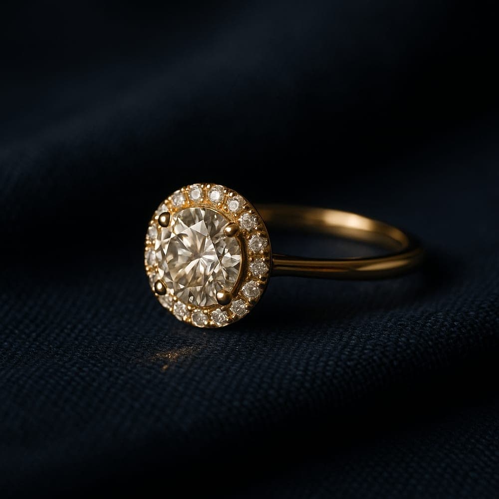 A yellow gold halo engagement ring with a round centre stone encircled by a fine diamond halo