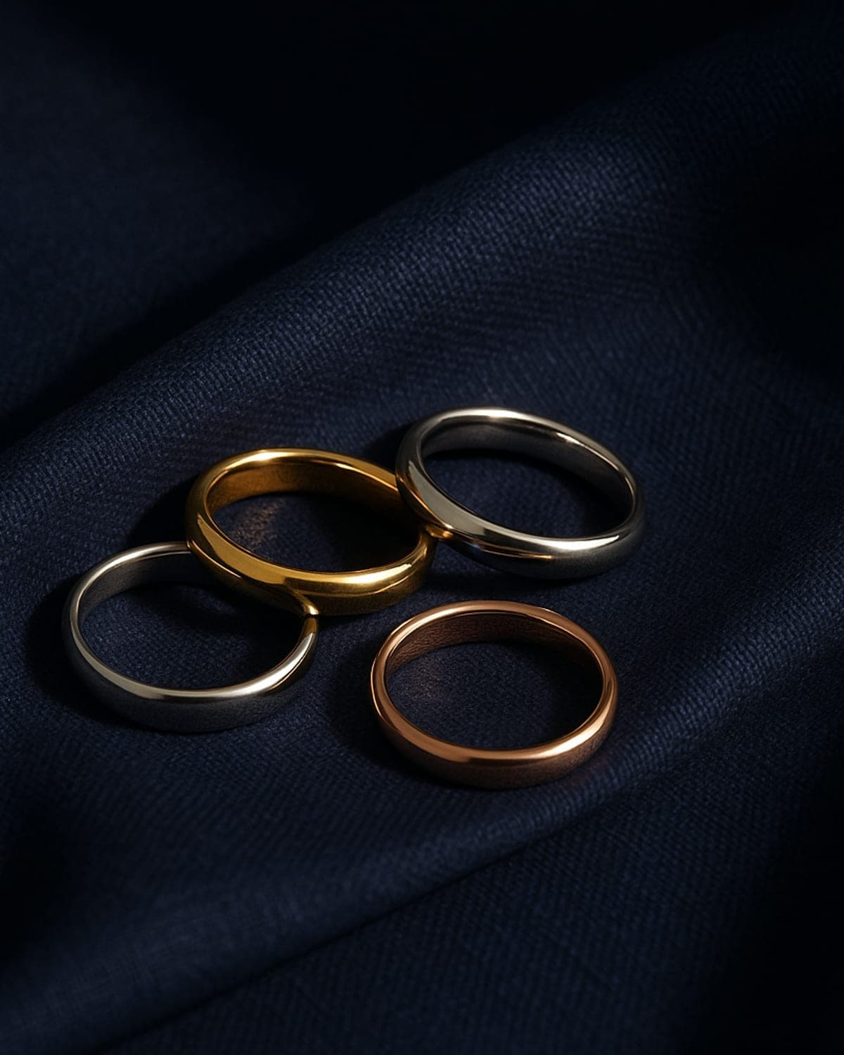 Four plain wedding bands fanned out to show their colours — platinum, yellow gold, white gold and rose gold
