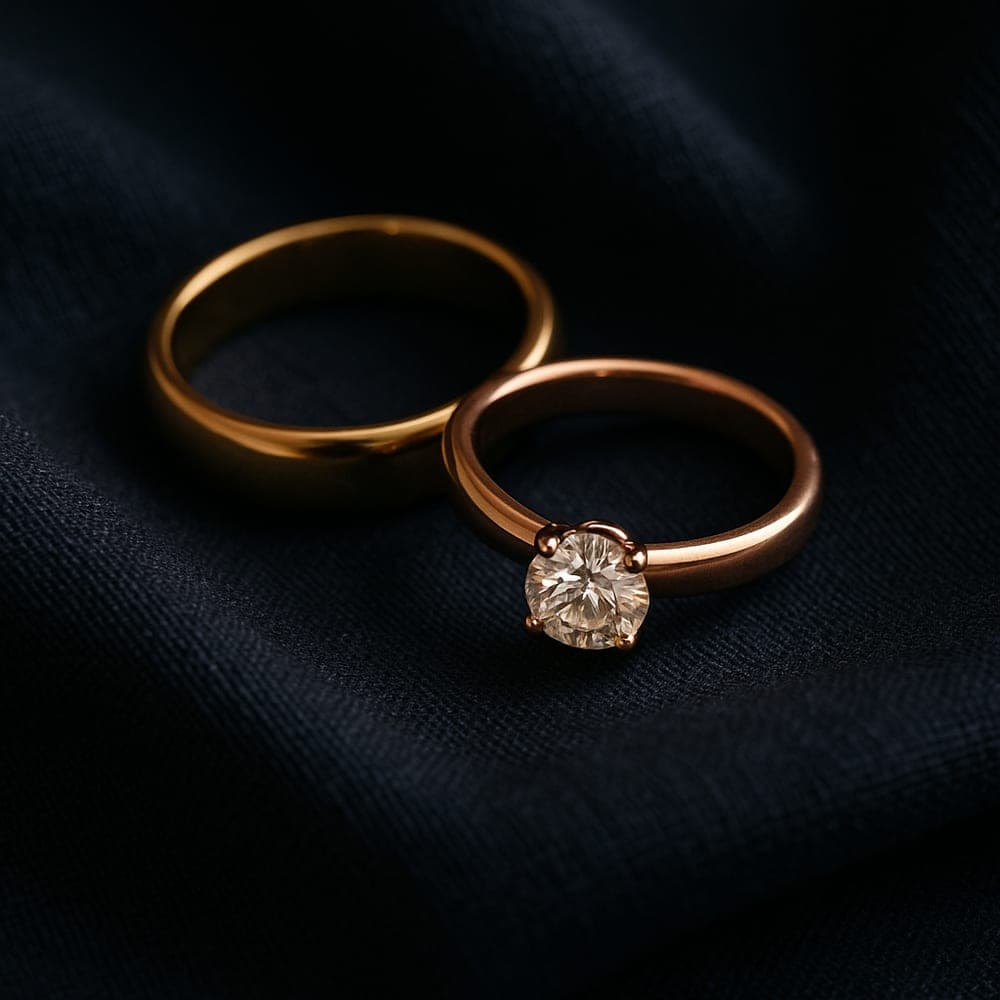 A warm yellow gold band beside a pink-toned rose gold band