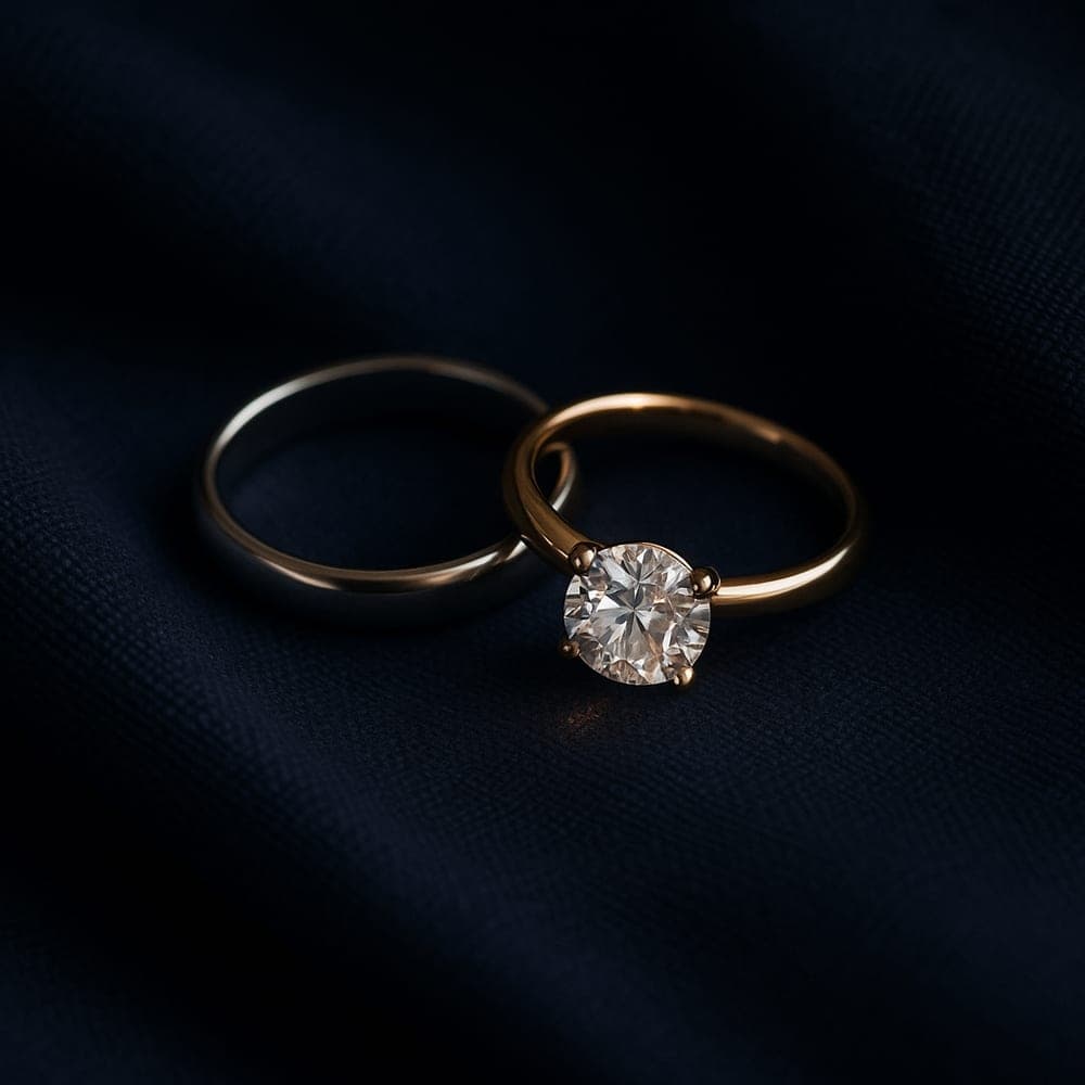 A cool silvery platinum band beside a bright white gold band