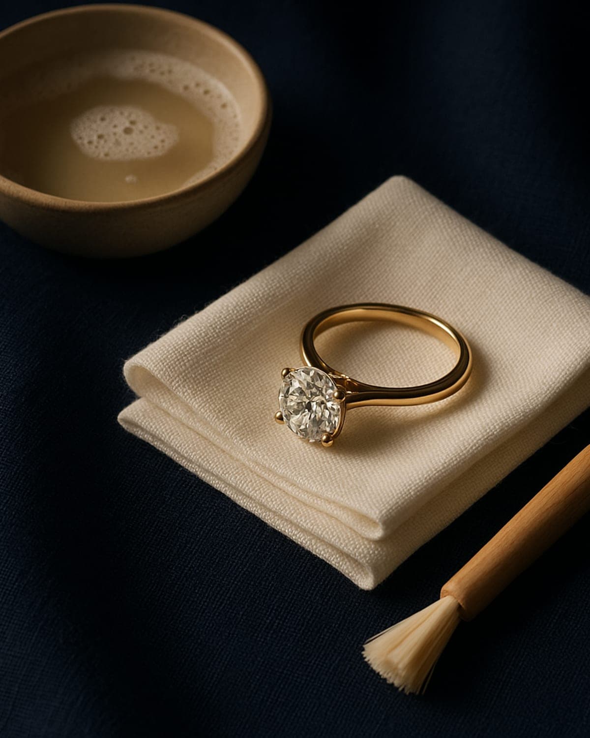A yellow gold diamond ring on a soft white cloth beside a cleaning brush and a dish of warm soapy water