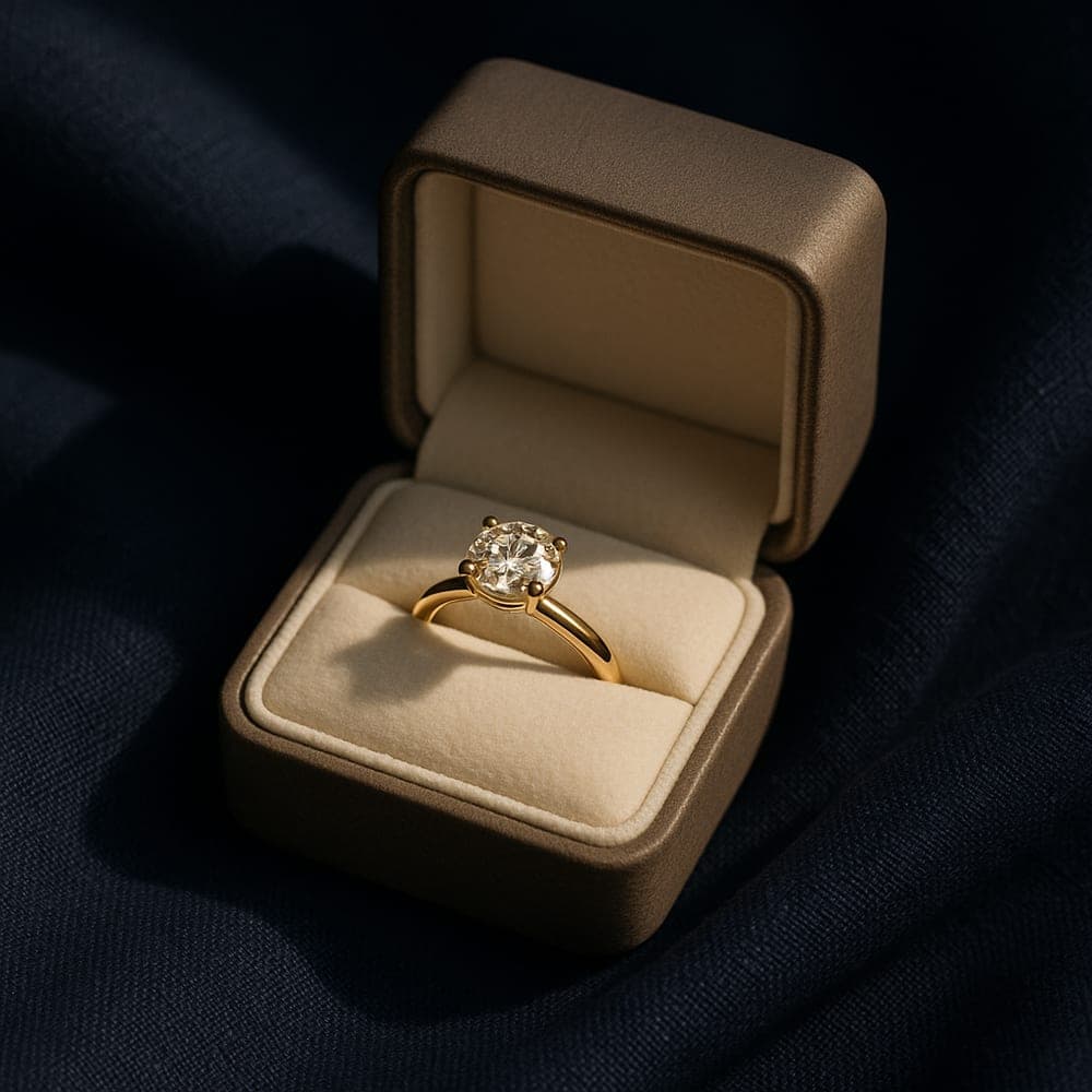 A yellow gold diamond engagement ring nestled in a soft cream-lined ring box