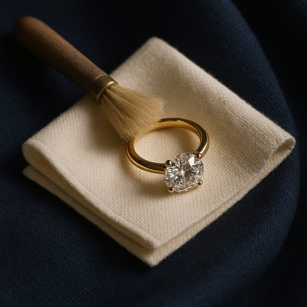 A soft natural-bristle brush resting against a yellow gold diamond ring on a lint-free cloth