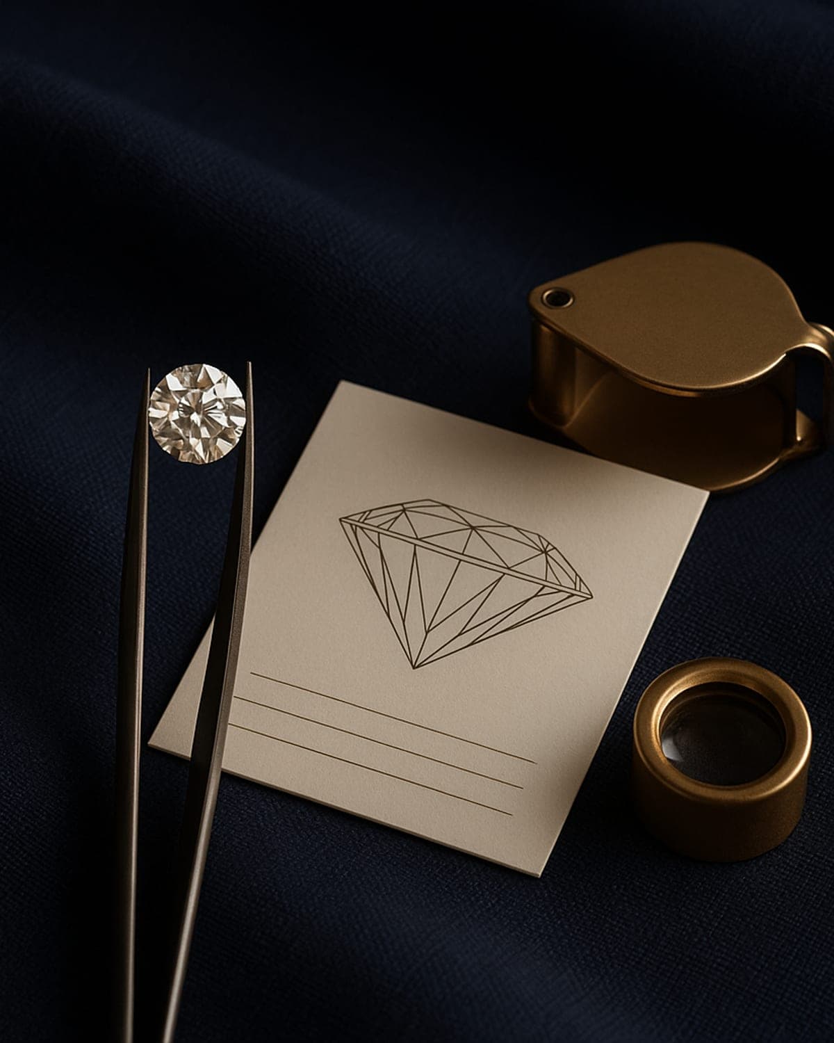 A loose round lab-grown diamond held in tweezers beside a grading report card and a brass loupe on navy linen