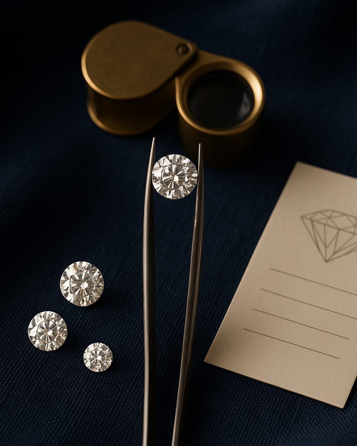 A colourless round brilliant diamond held in tweezers beside a brass jeweller's loupe, loose diamonds and a grading card on navy linen, illustrating the 4Cs of diamond quality