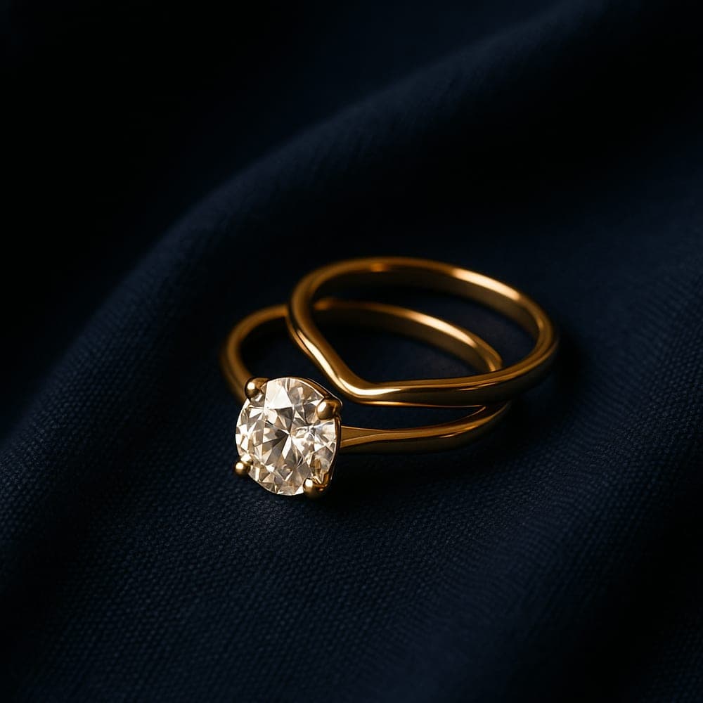 A gently curved contoured yellow gold wedding band shaped to sit flush against an engagement ring