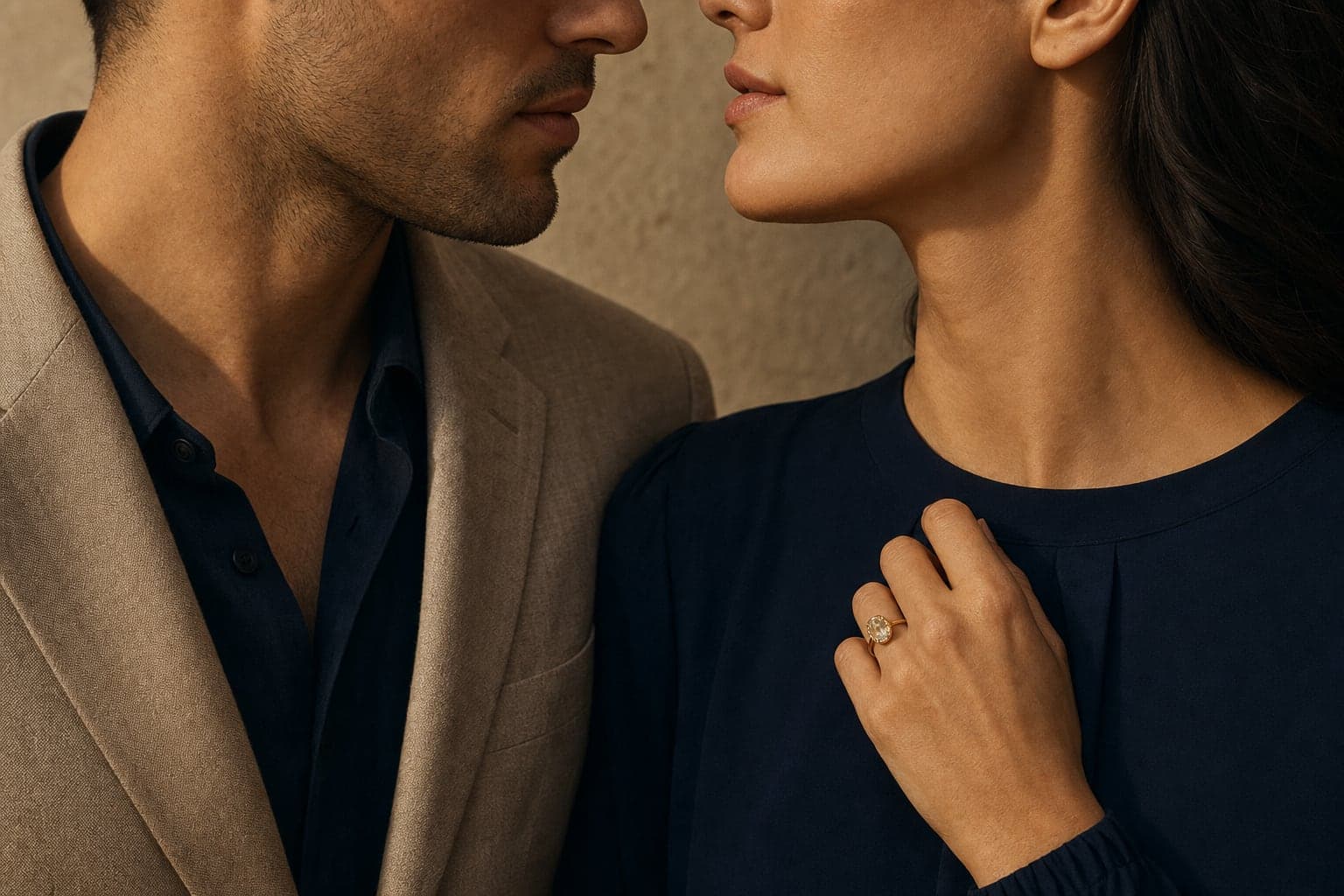 A row of Savoir-Faire engagement rings — solitaire, halo, three-stone, bezel, toi et moi and hidden halo styles arranged on warm linen.