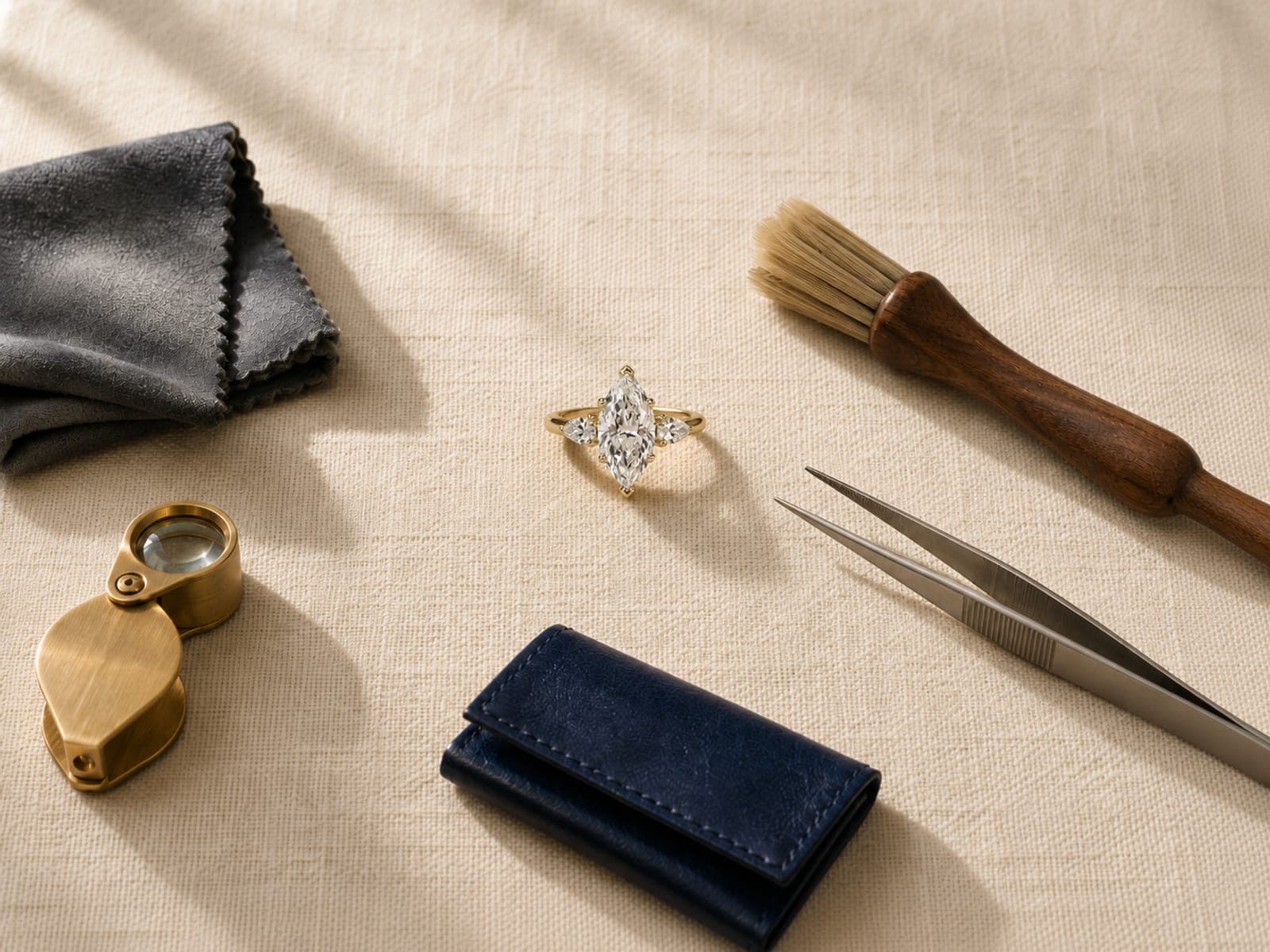A jeweller polishing a gold ring with a soft cloth at the workbench
