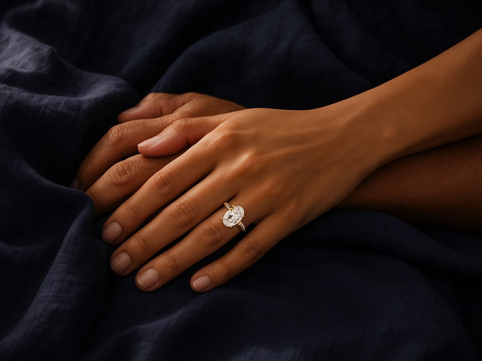 A couple at a sunlit window, one holding an engagement ring box