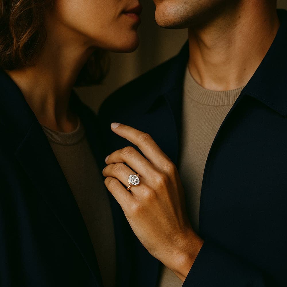 A couple in navy, the woman's hand resting between them wearing a yellow gold lab-grown diamond halo engagement ring