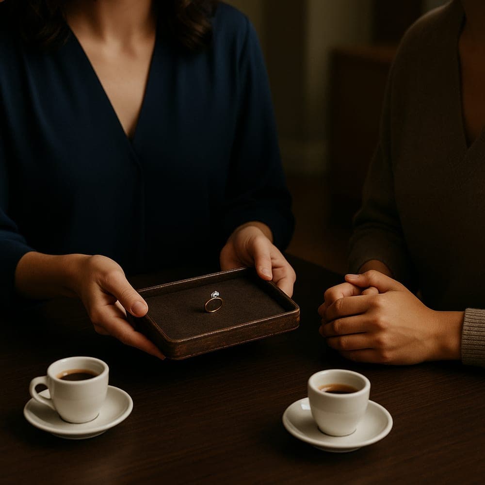 A diamond specialist in navy presenting a yellow gold engagement ring on a leather tray to a client across a consultation table with two espresso cups