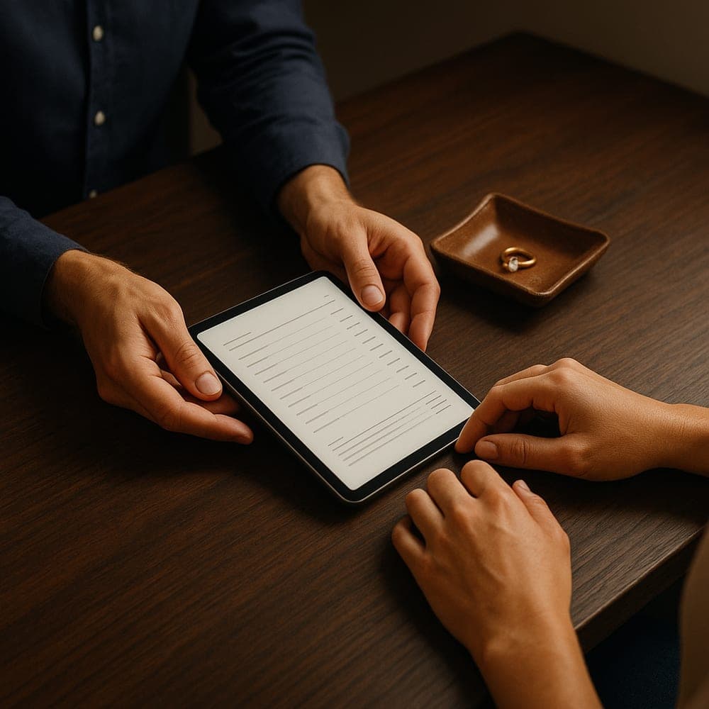 A specialist sliding a tablet showing an itemised quote across a consultation table to a client, a gold ring on a leather tray beside it